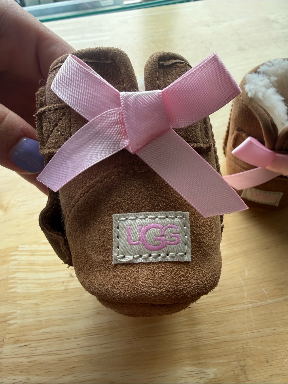 UGG Baby Chestnut Suede Booties with Pink Bow